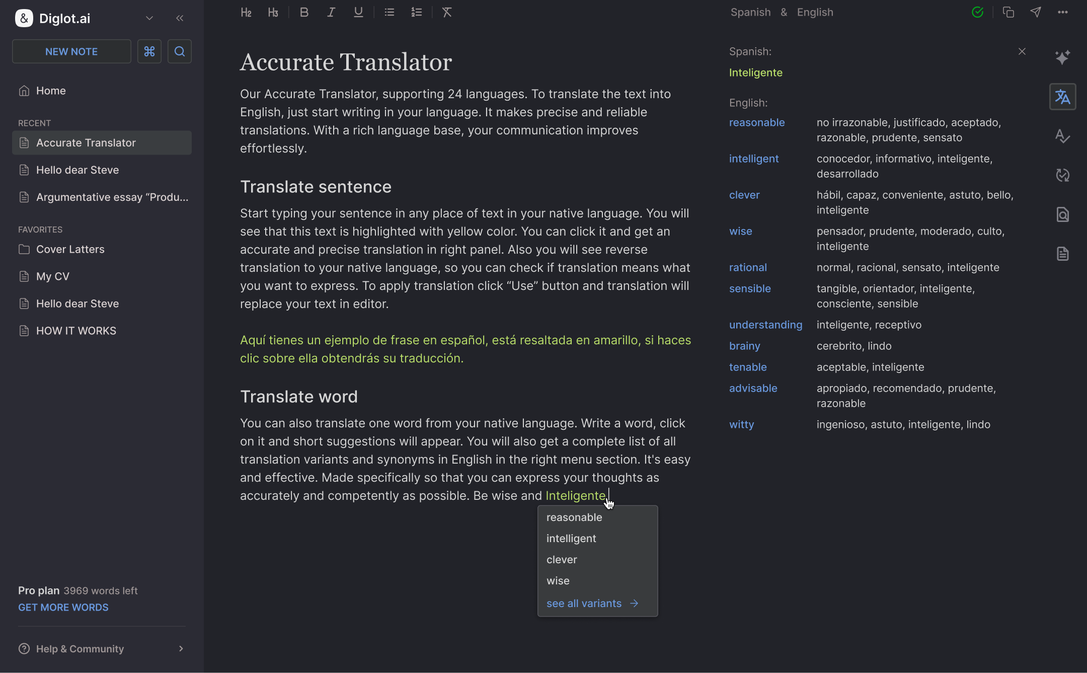 Diglot translating a sentence inline as the writer drafts